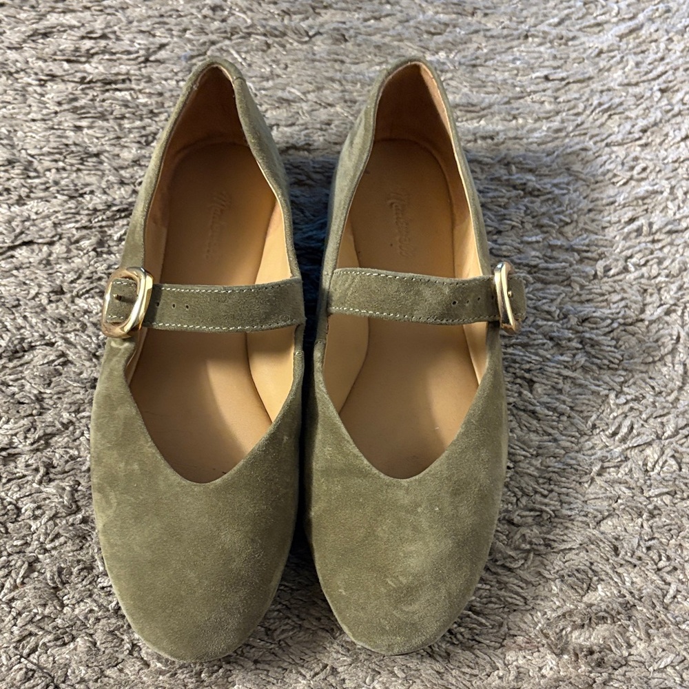 Madewell Olive Suede Flats with Gold Buckle